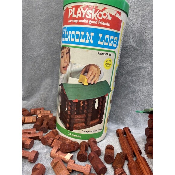 Lincoln Logs Vintage 74 Piece Original Container With Extra Pieces - Picture 1 of 11
